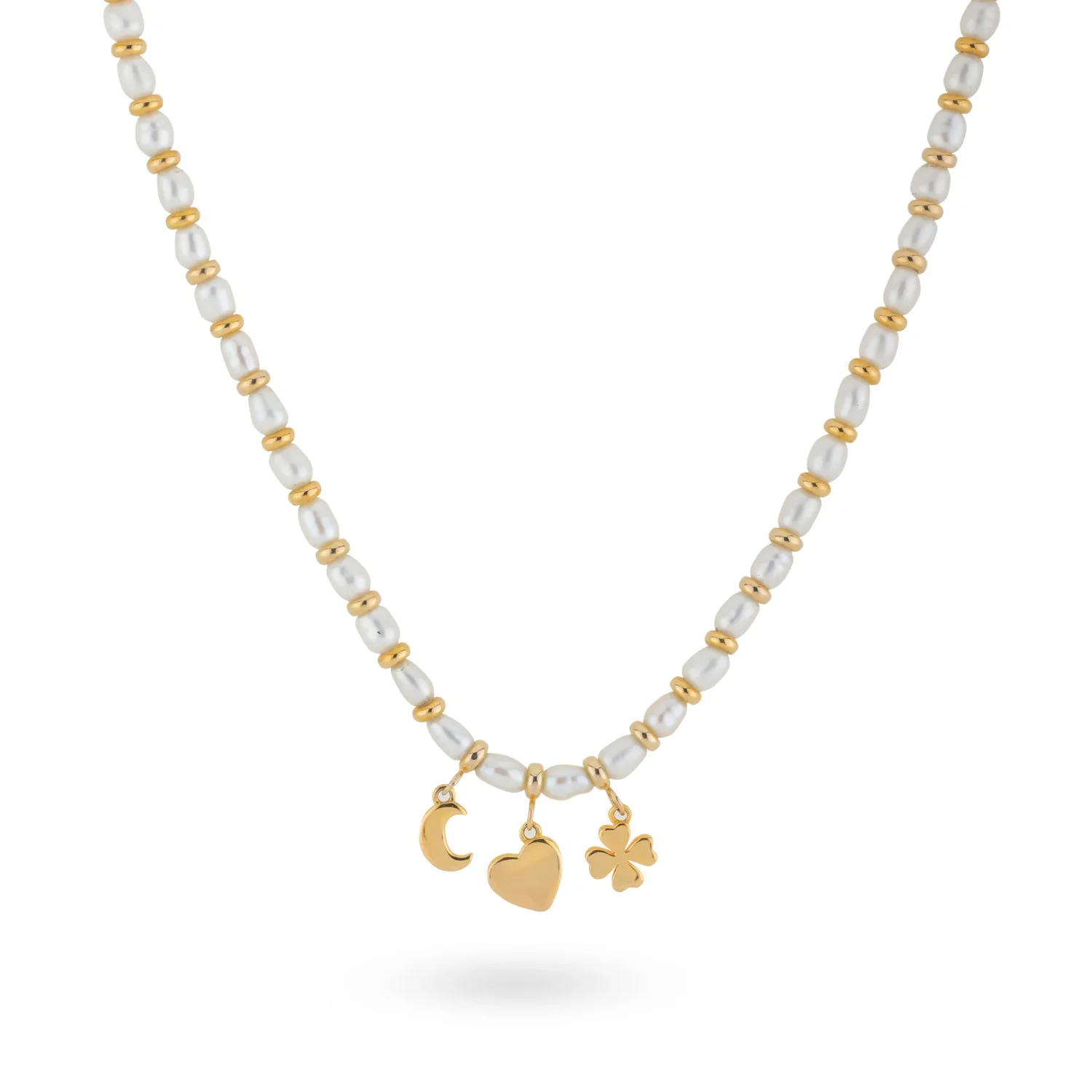 24Kae Gold Bead & Pearl Necklace with Charms