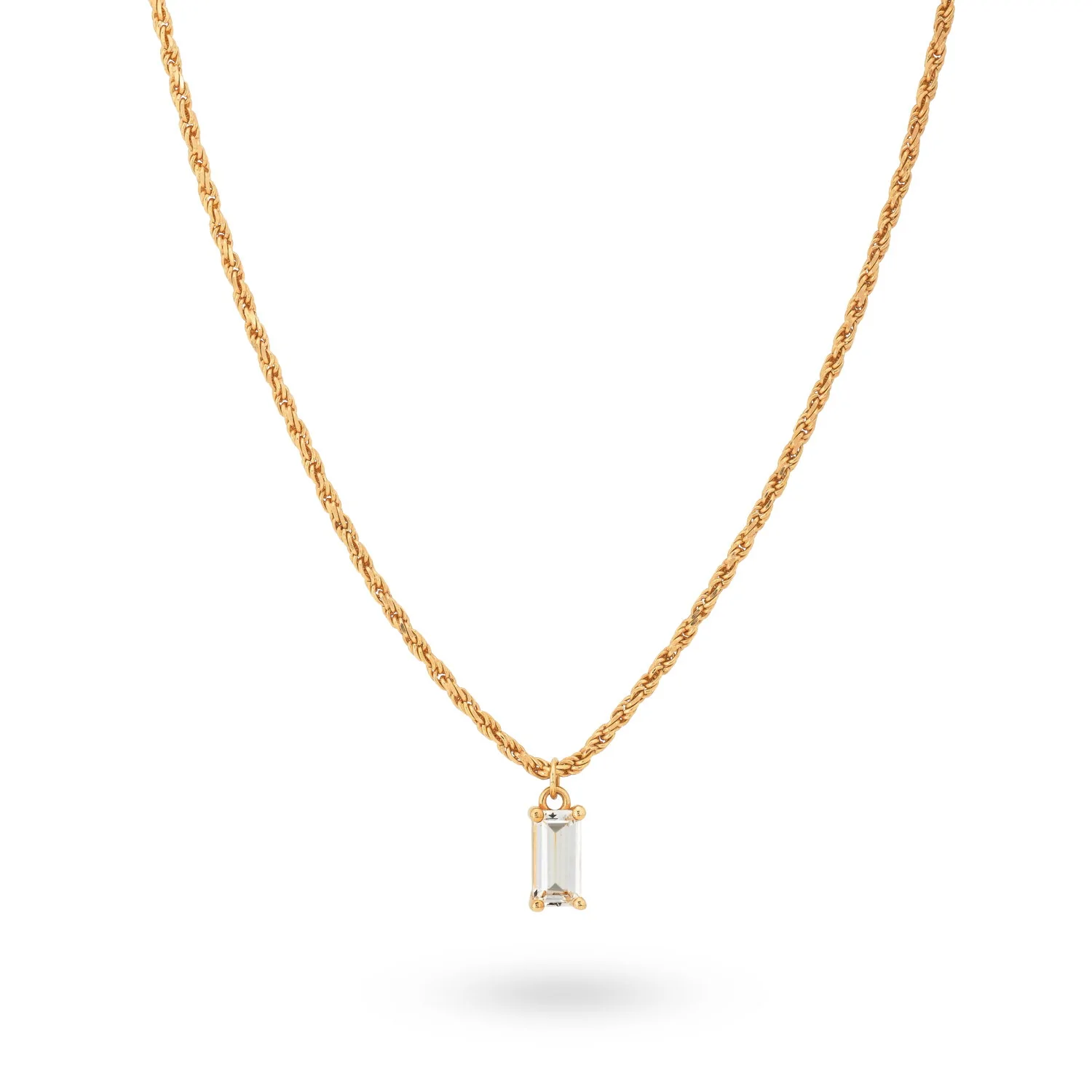 24Kae Gold Rope Chain Necklace with Clear Stone Pendant