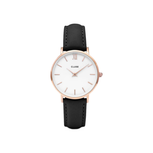Cluse Minuit Rose Gold & Black Leather Strap Watch