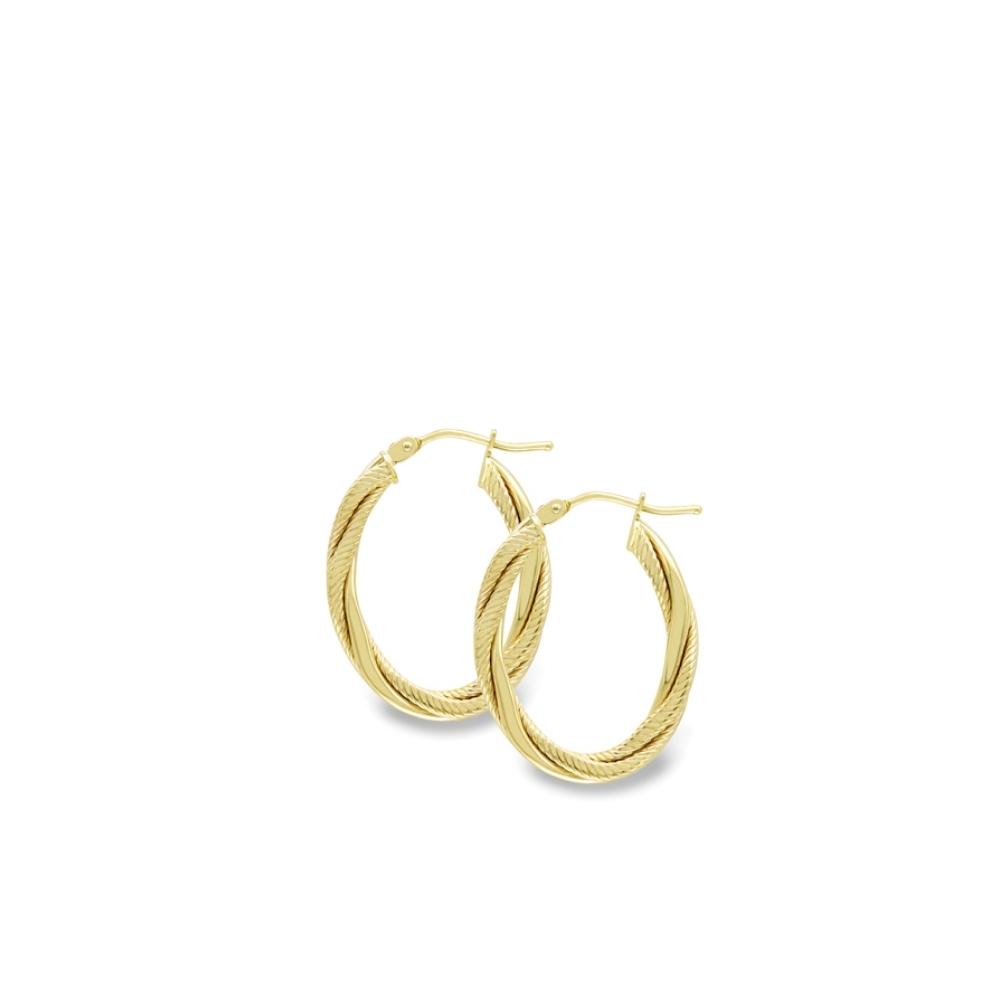 Yellow Gold Polished & Ribbed Twisted Oval Hoop Earrings - 20mm
