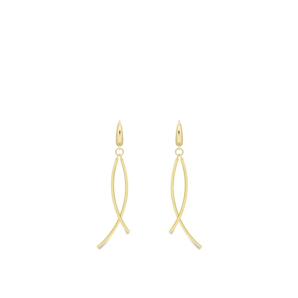 Yellow Gold Double Curve Bar Drop Earrings