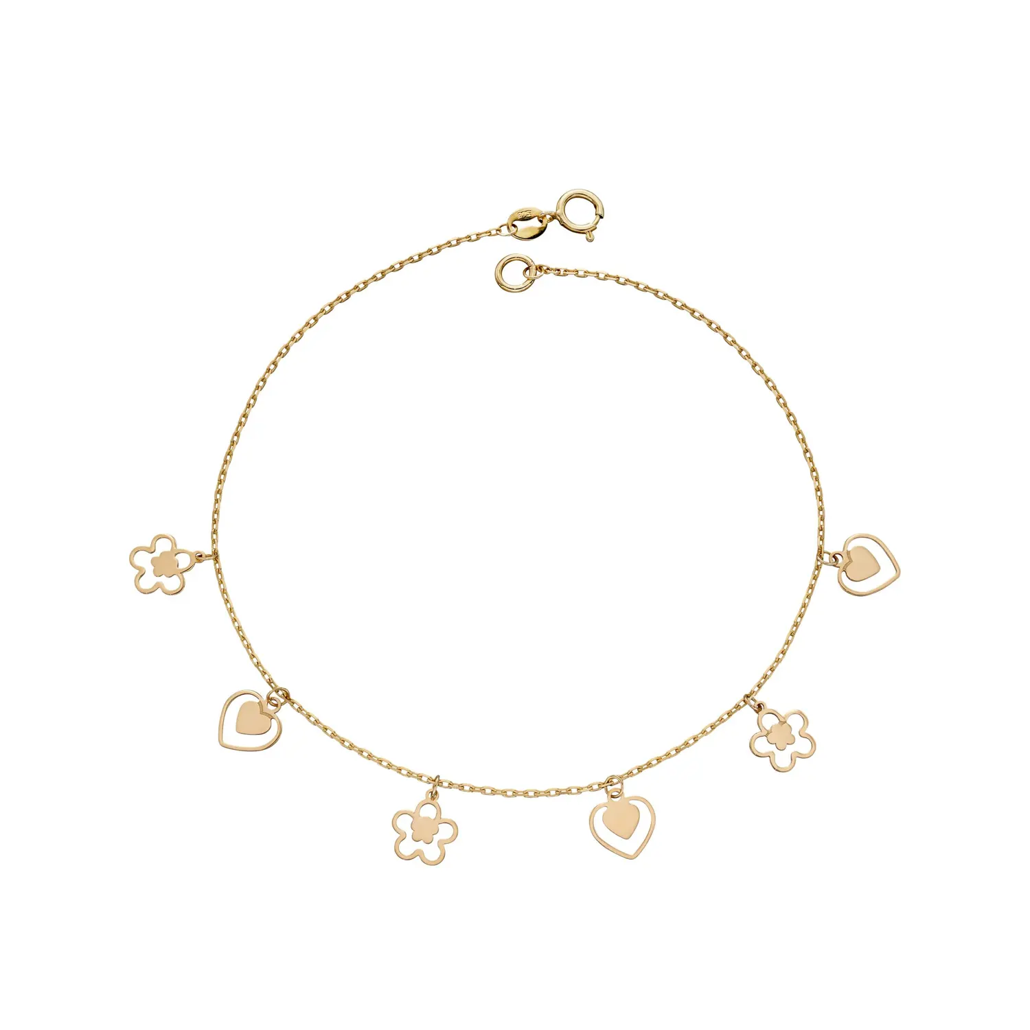 Yellow Gold Heart & Flower Charm Bracelet