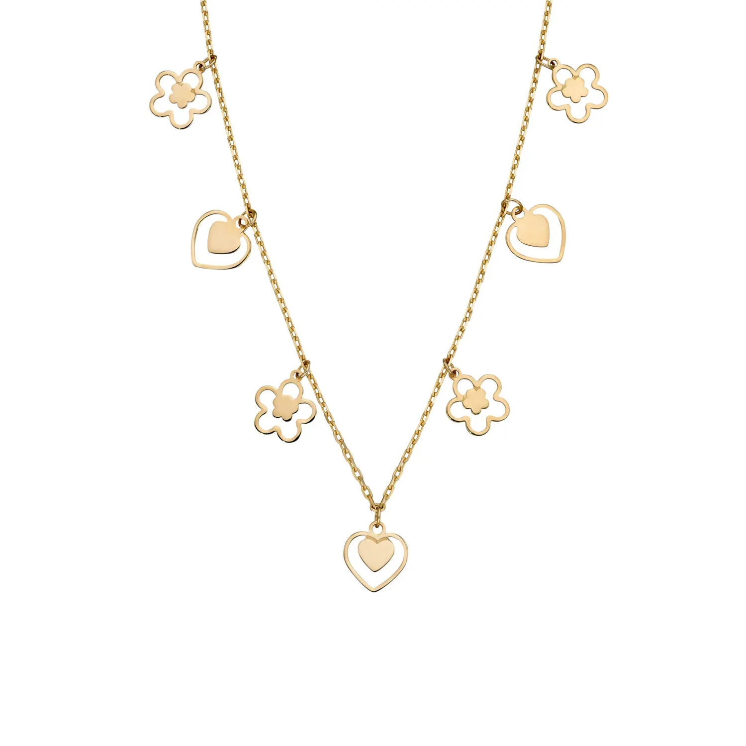 Yellow Gold Heart & Flower Charm Necklace