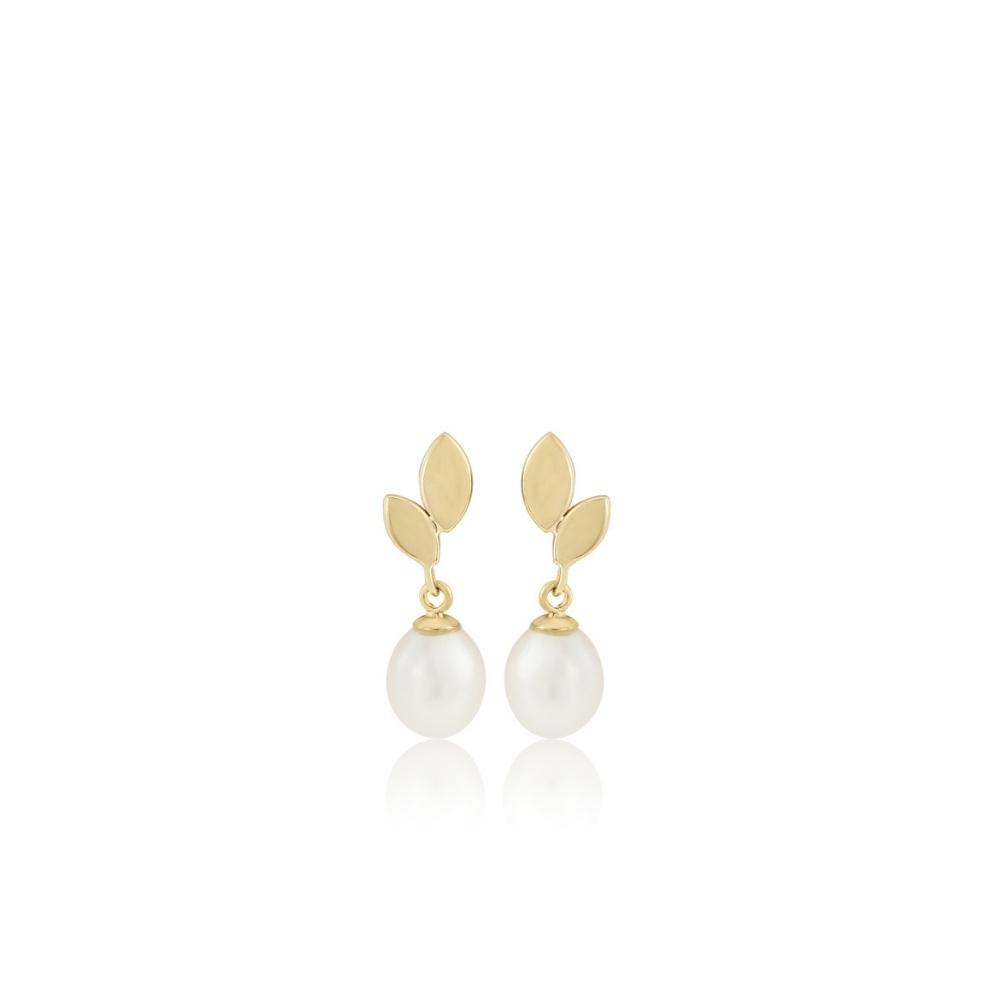 Yellow Gold Leaf & Pearl Drop Earrings