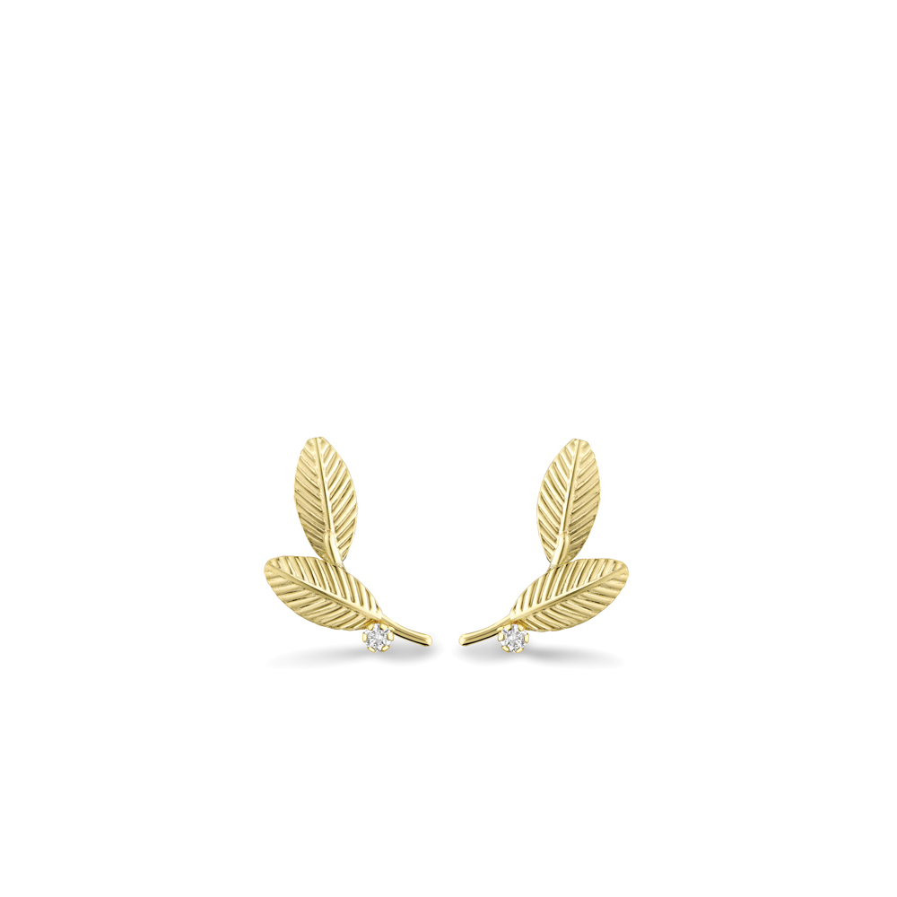 Yellow Gold & CZ Leaf Stud Earrings