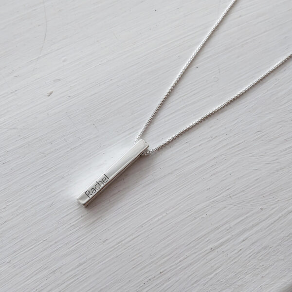 Sterling silver 3D vertical hanging bar pendant with customisable engraving on each side