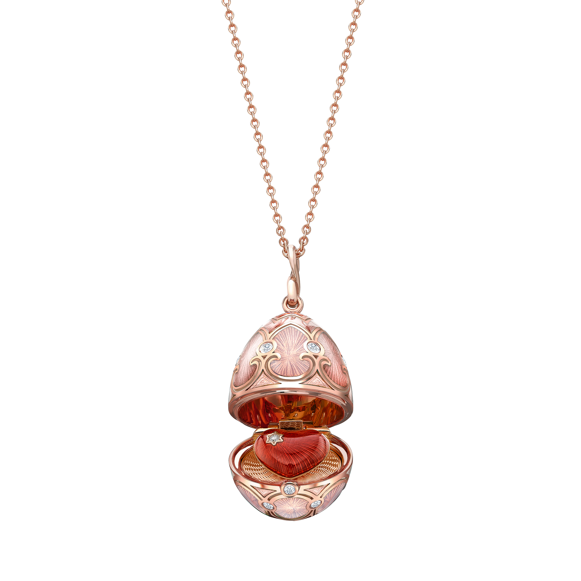 Fabergé Heritage Diamond & Pink Guilloché Enamel Heart Surprise Egg Necklace