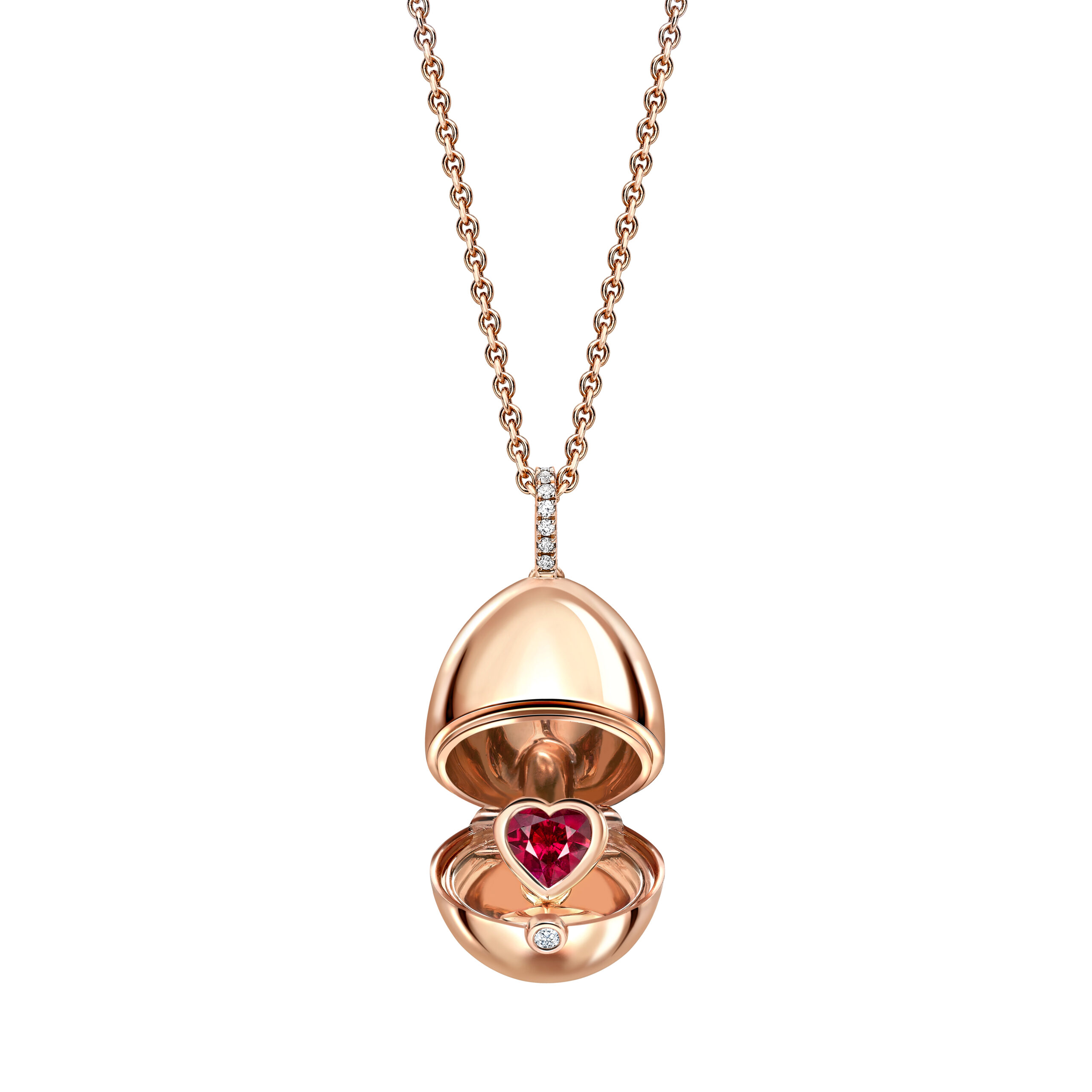 Fabergé Essence Rose Gold & Ruby Heart Surprise Egg Necklace