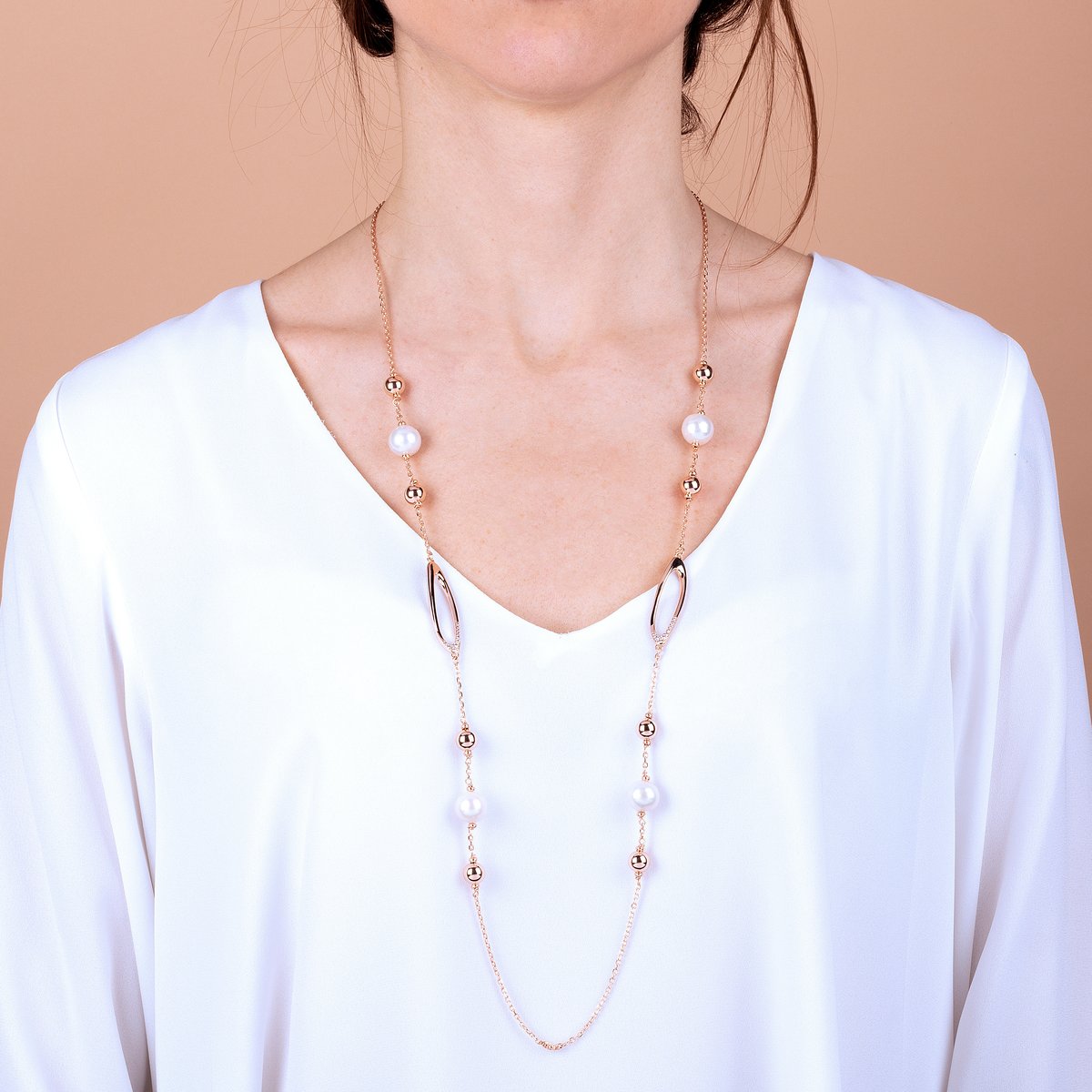 Bronzallure Long Rose Gold & Pearl Necklace
