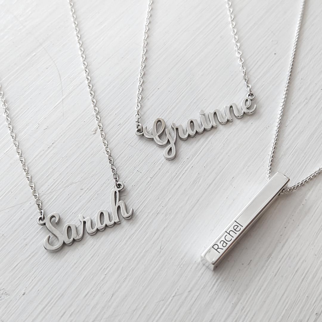 Personalised silver name necklaces and silver bar necklace made-to-order