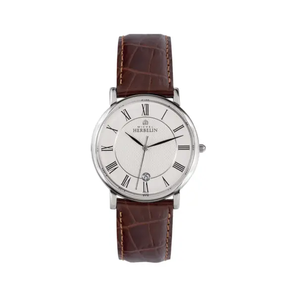 Michel Herbelin Classic Steel Watch with Brown Leather Strap