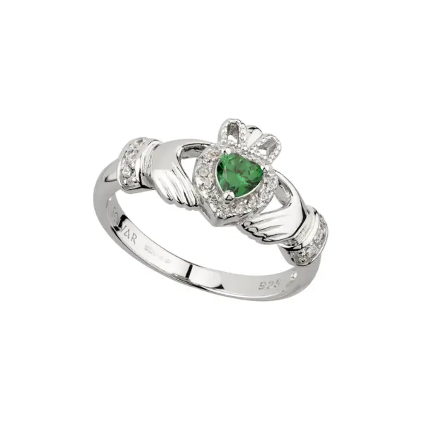 Silver Claddagh Ring with Green CZ Heart