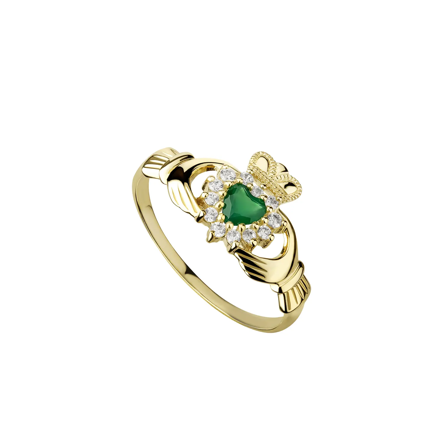 9ct. Yellow Gold Claddagh Ring - Green Agate & CZ