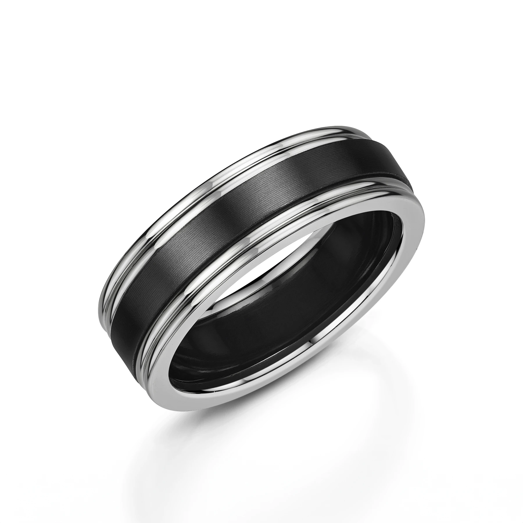 Matte Black Zirconium Wedding Ring with White Gold Edges