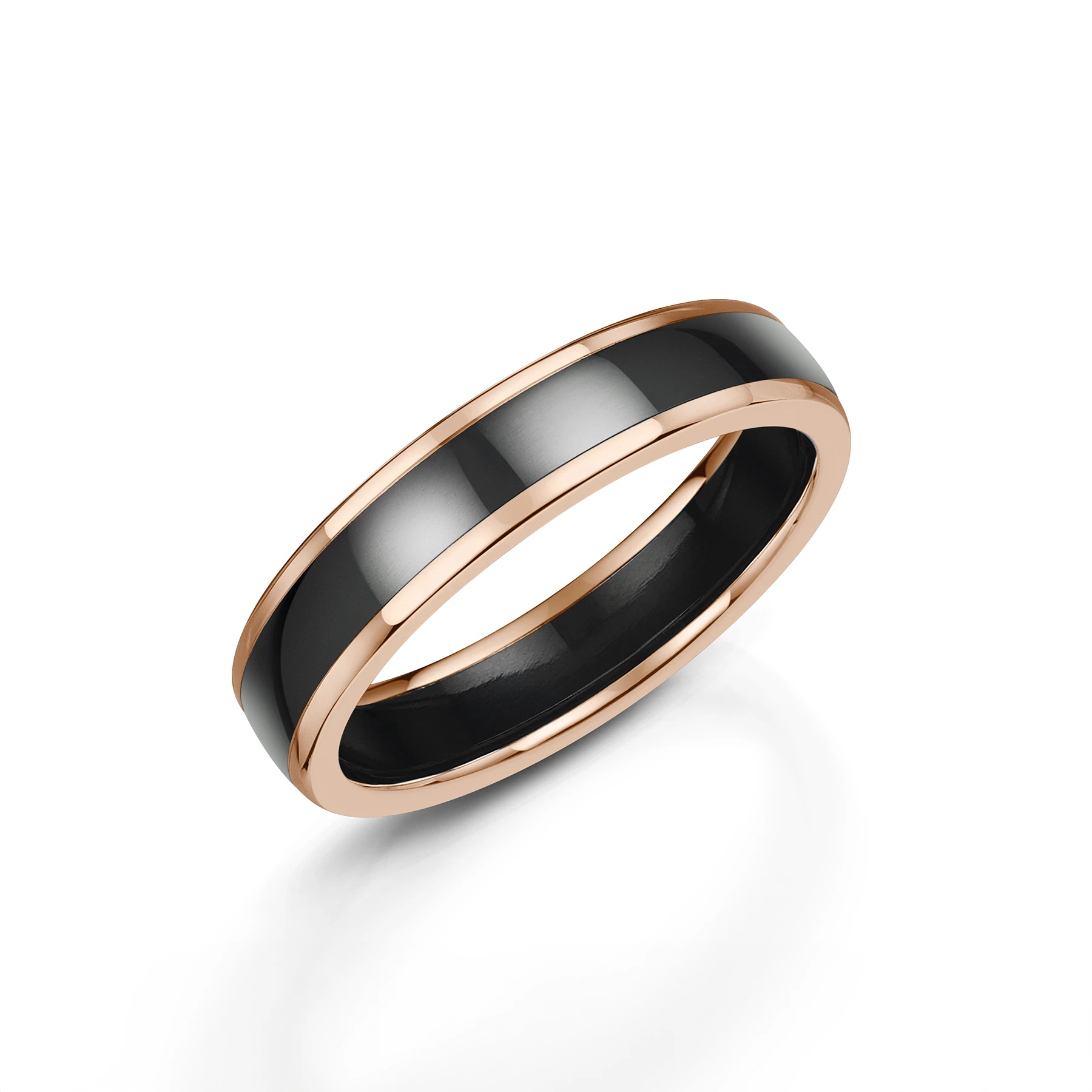 Polished Black Zirconium Wedding Ring with Rose Gold Edges