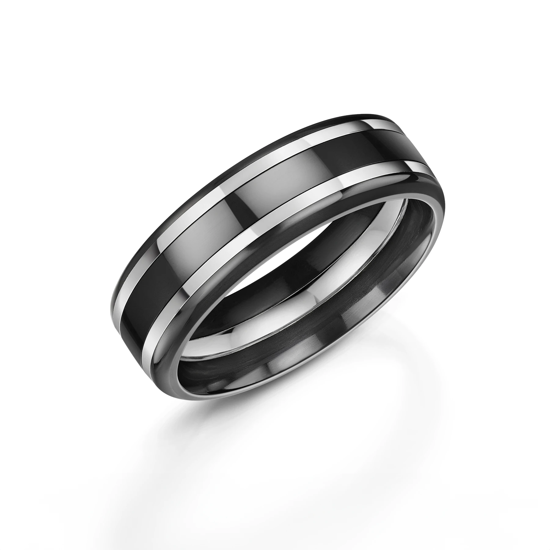 Polished Black Zirconium Wedding Ring with Platinum Inlays