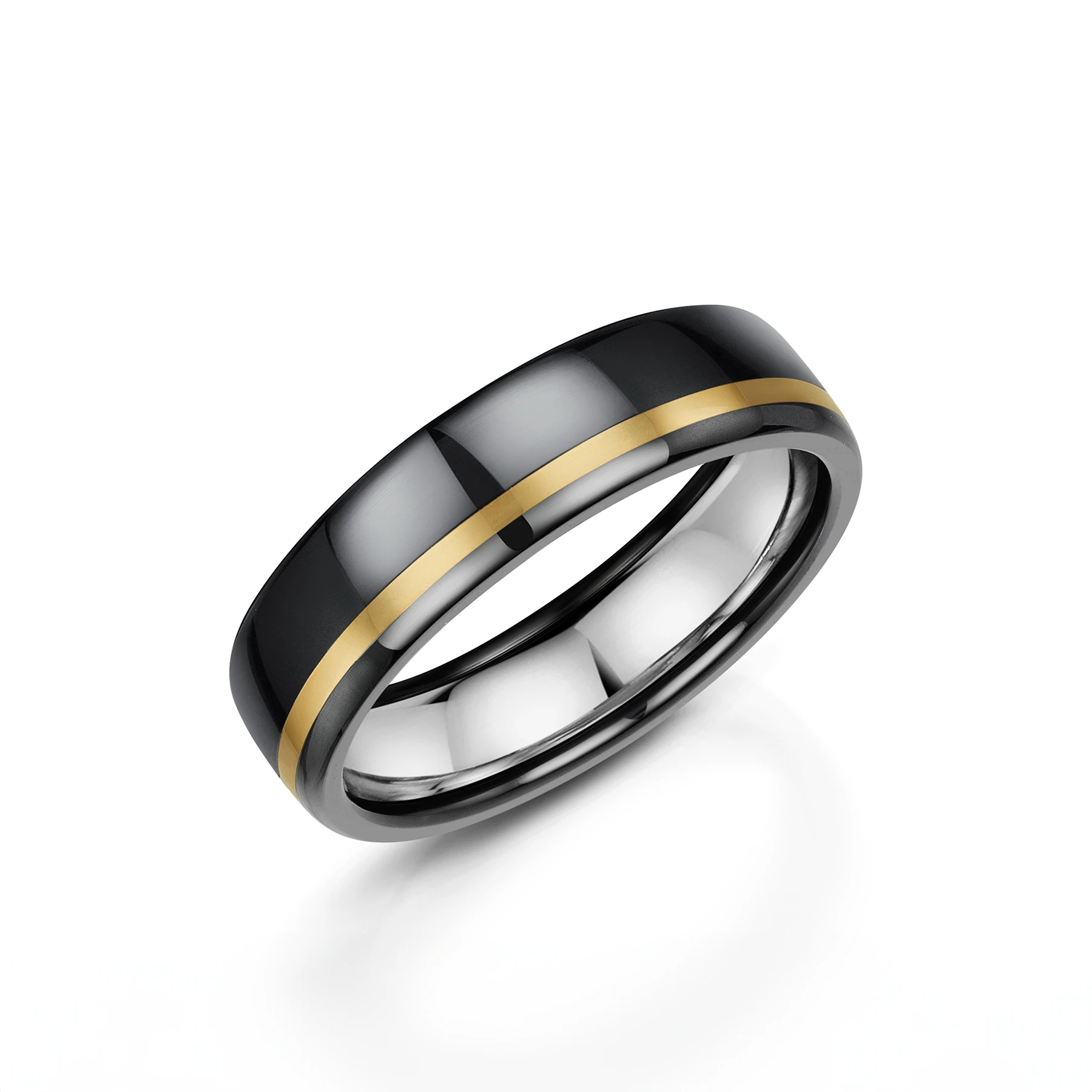 Polished Black Zirconium Wedding Ring with Yellow Gold Inlay