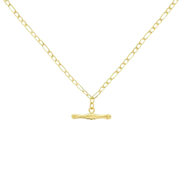 Yellow Gold Figaro Link Necklace with T-Bar Pendant