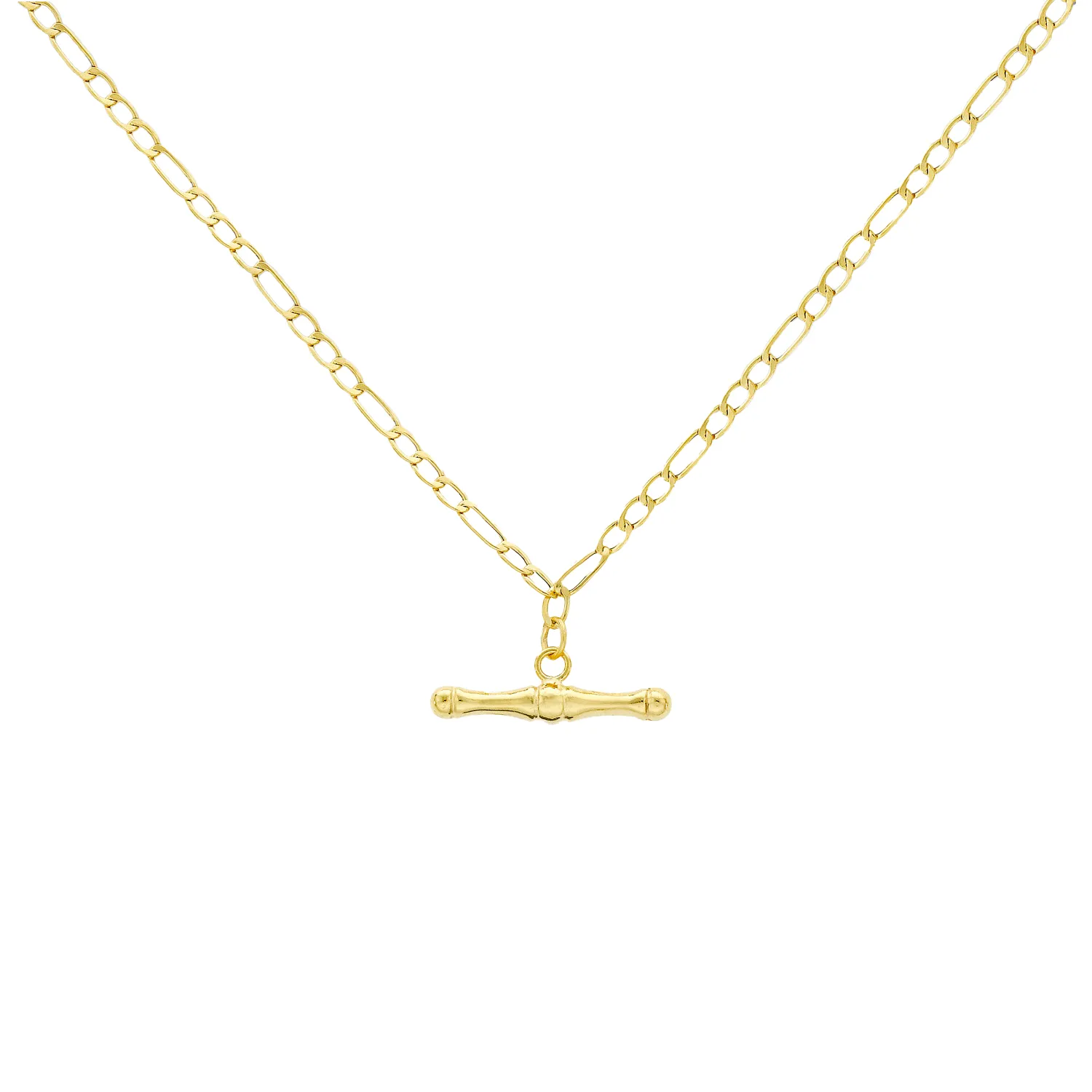 Yellow Gold Figaro Link Necklace with T-Bar Pendant