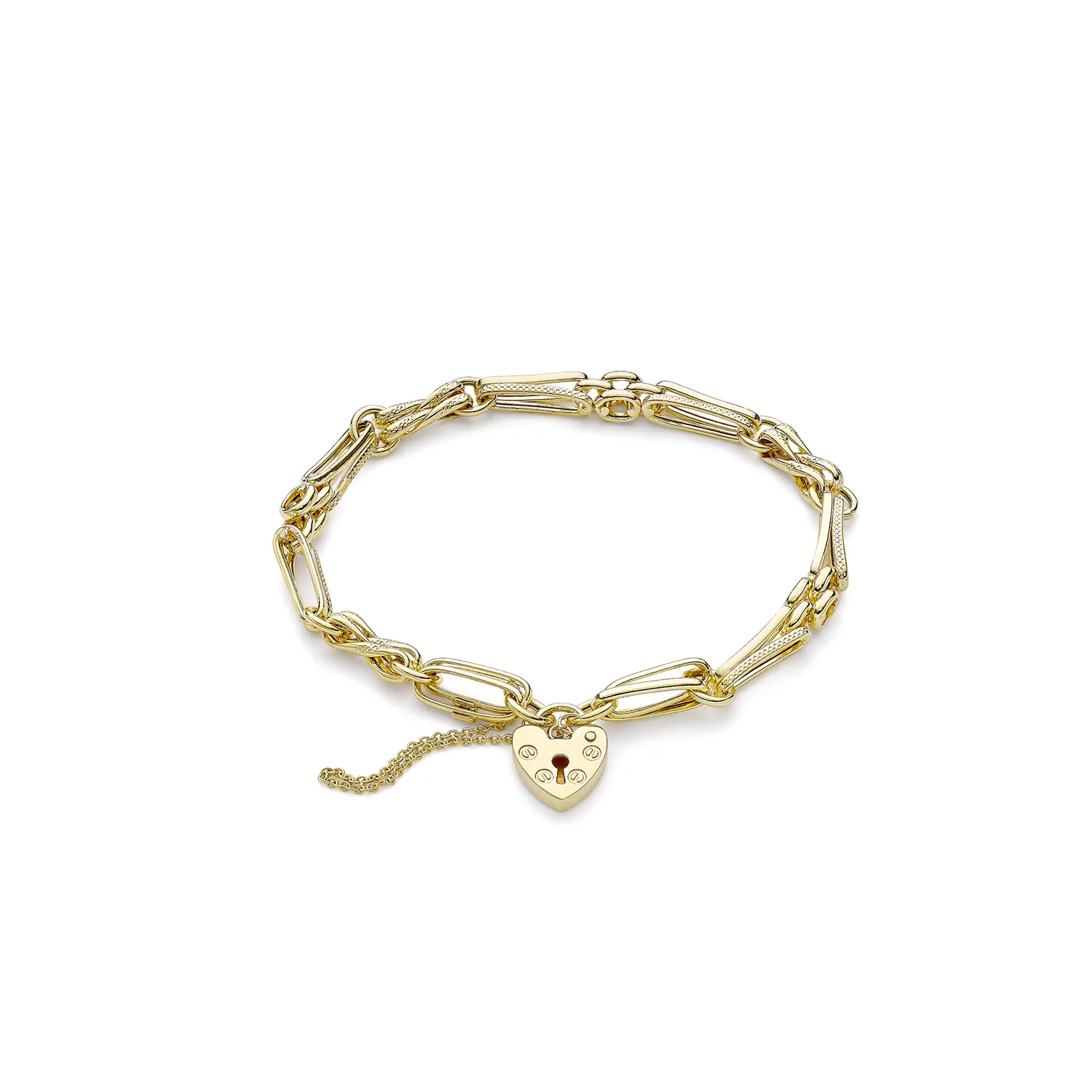 Gold Polished & Textured 2-Bar Bracelet with Heart Padlock