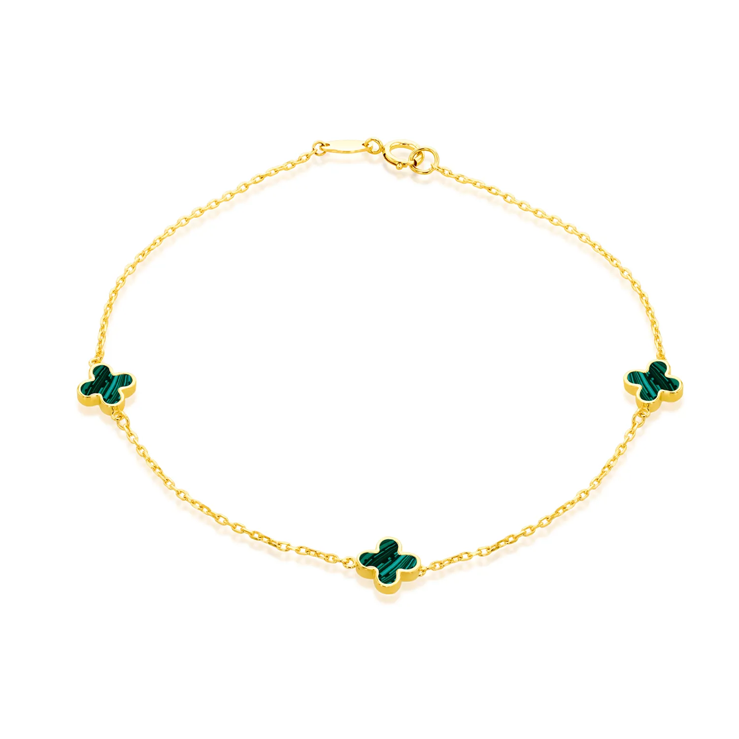 Gold Chain Bracelet with Green Malachite Clovers