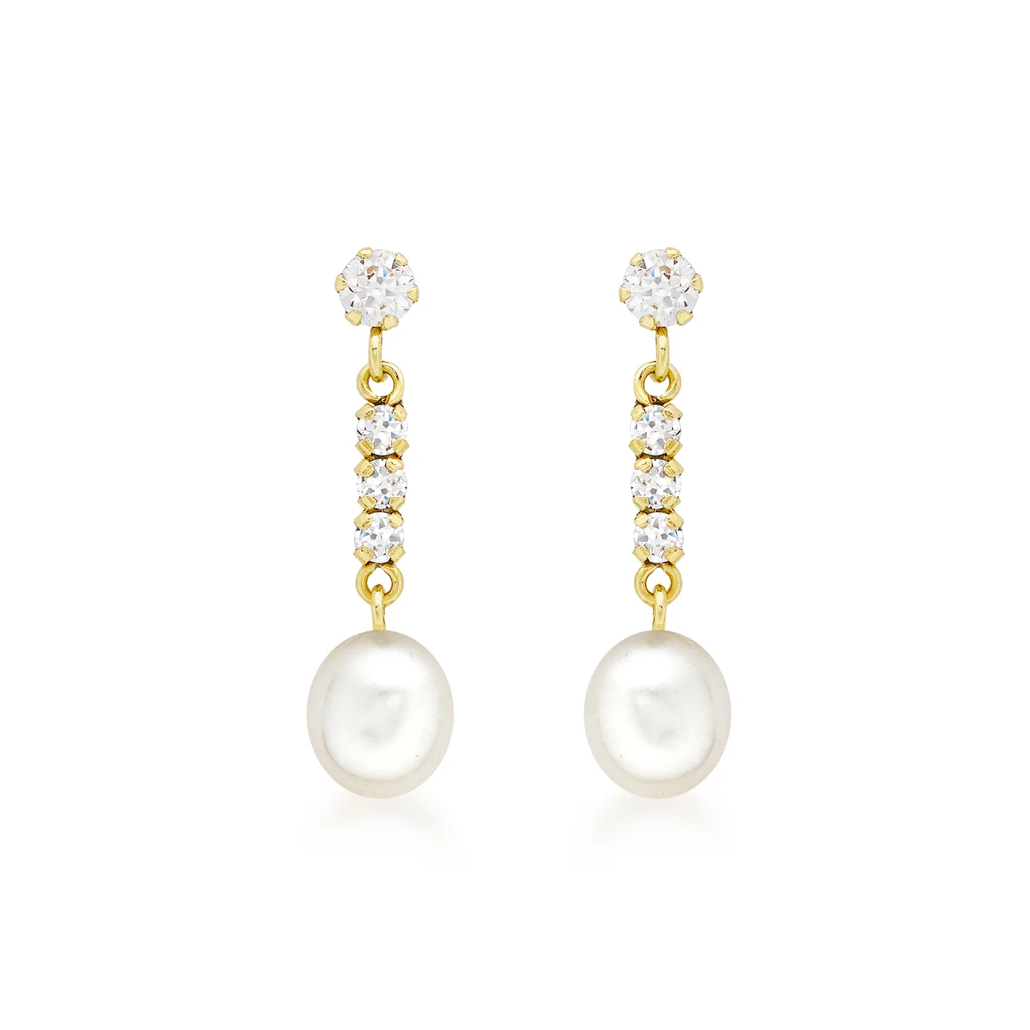 Pearl & CZ Yellow Gold Drop Earrings