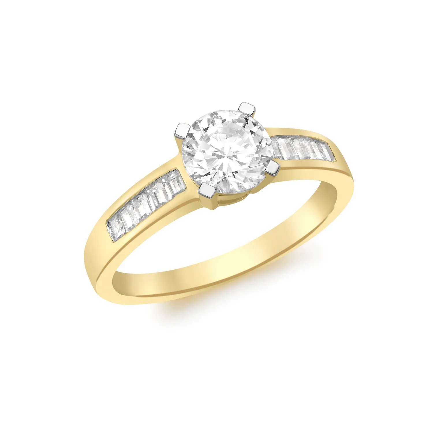 Yellow Gold & CZ Solitaire Dress Ring with Baguette Shoulders