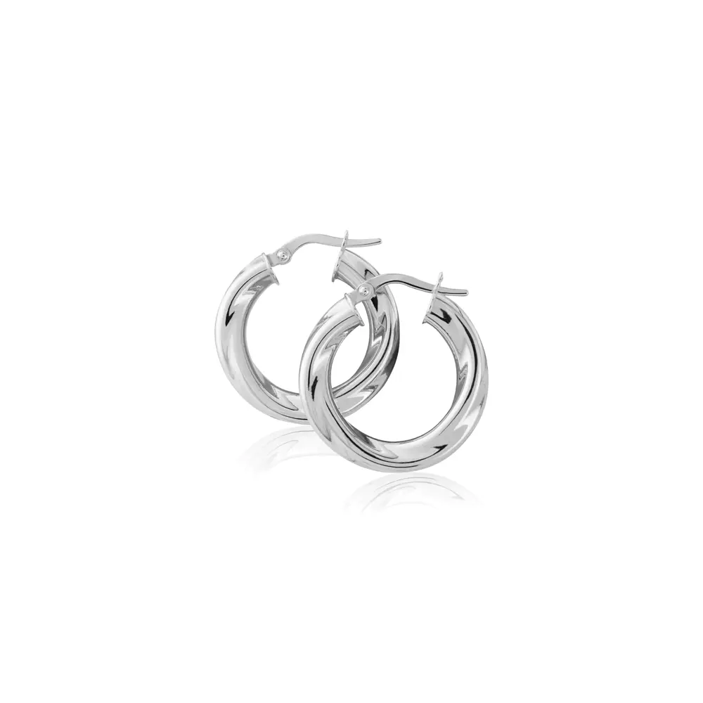 White Gold Twisted Tube Hoop Earrings - 15mm