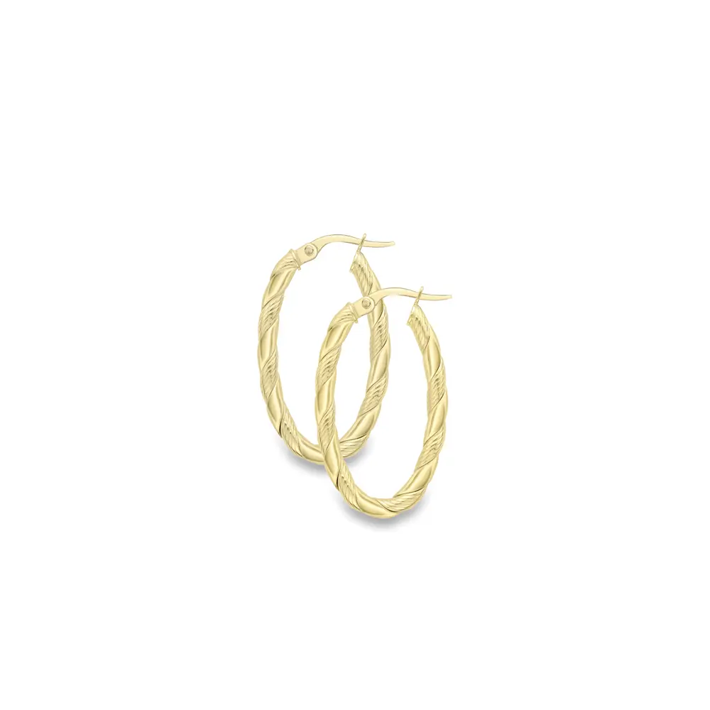 Yellow Gold Contrast Twist Oval Hoop Earrings