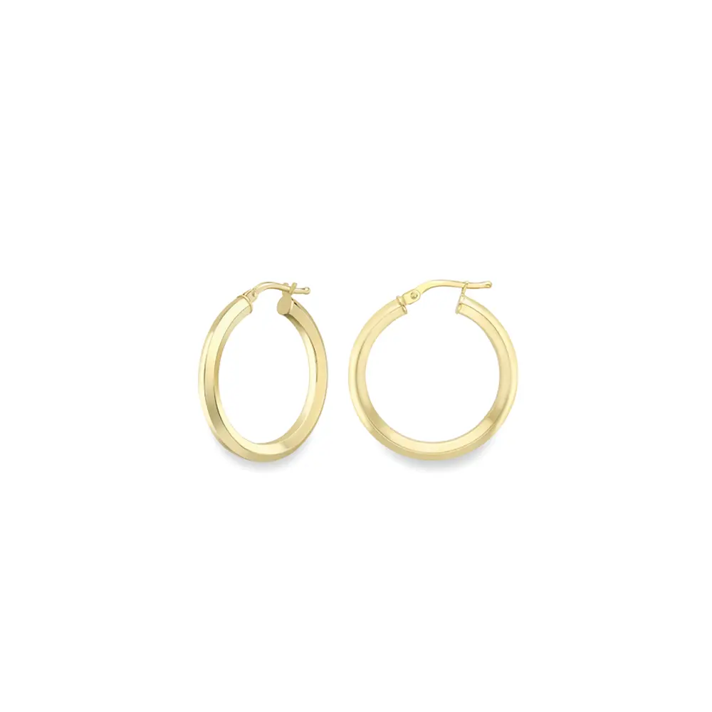 Yellow Gold Bevelled Hoop Earrings - 20mm