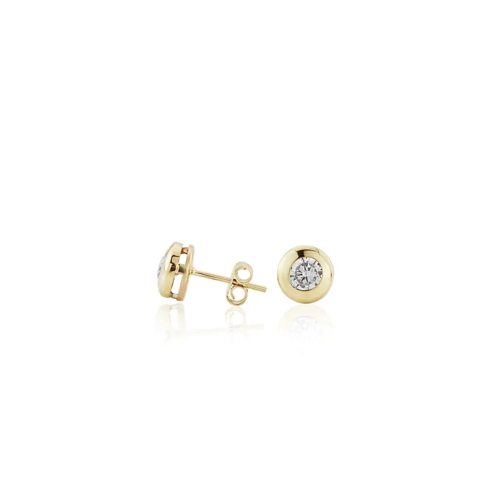 Yellow Gold & CZ Rubover Stud Earrings - 4mm