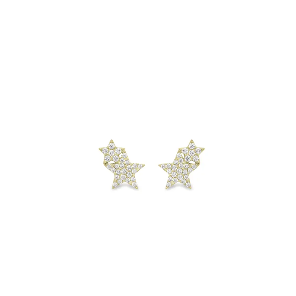 Yellow Gold & CZ Double Star Stud Earrings