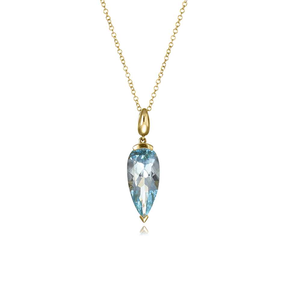 Blue Topaz & Yellow Gold Pear Drop Pendant & Chain